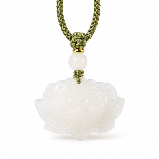 Front view of a carved white Hetian jade lotus pendant with olive-green braided cord