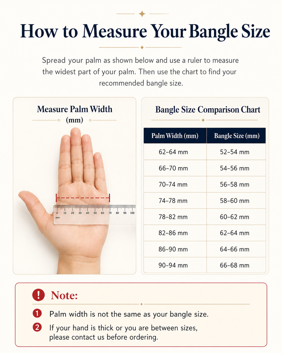 How to measure your bangle size with palm width and bangle size comparison chart