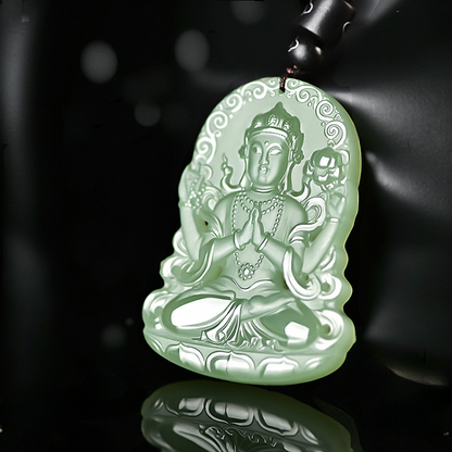 Authentic Hetian Jade Four-Armed Guanyin Pendant | Ice Green Nephrite Amulet