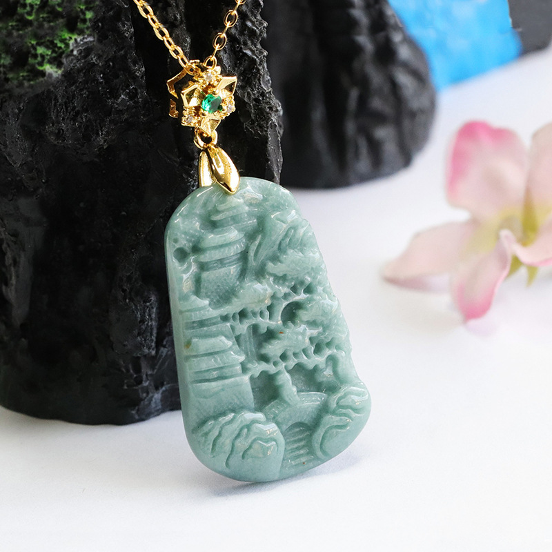 Authentic Grade A Jadeite "Shan Shui" Landscape Pendant | Blue Water Jade Necklace