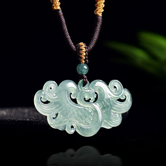 Natural Icy Green Jade Phoenix Pendant Necklace - Hand-Carved Good Luck Amulet