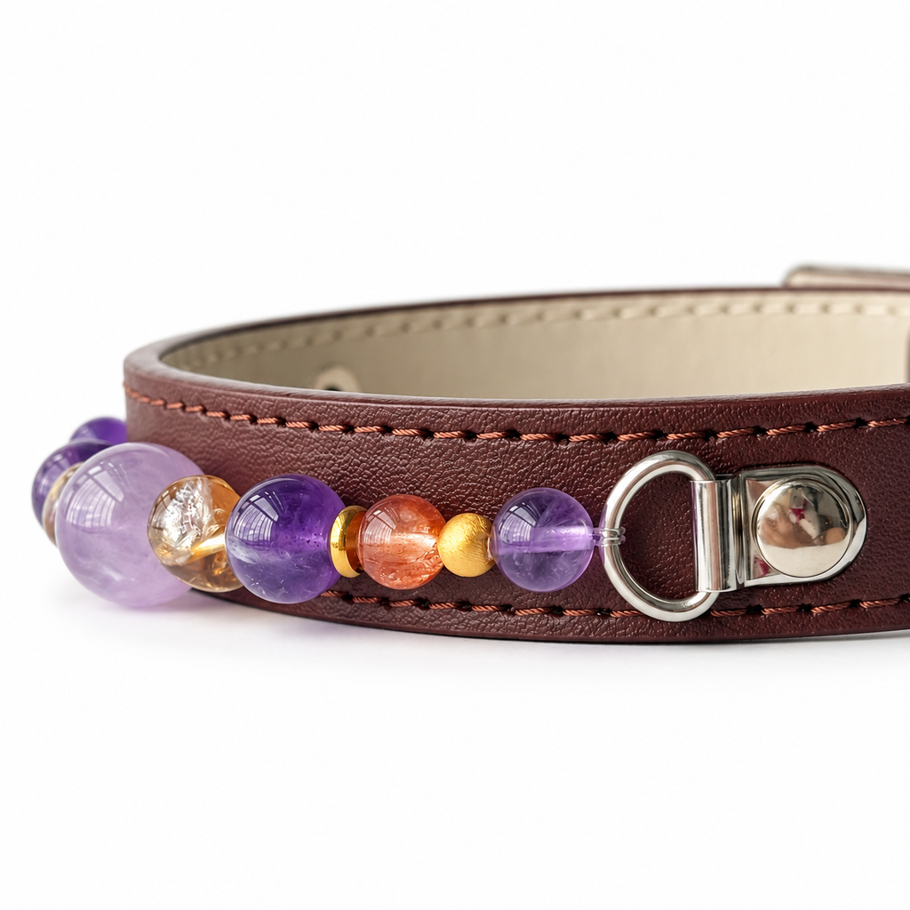 Lavender Amber Beaded Pet Collar - bead and strap detail