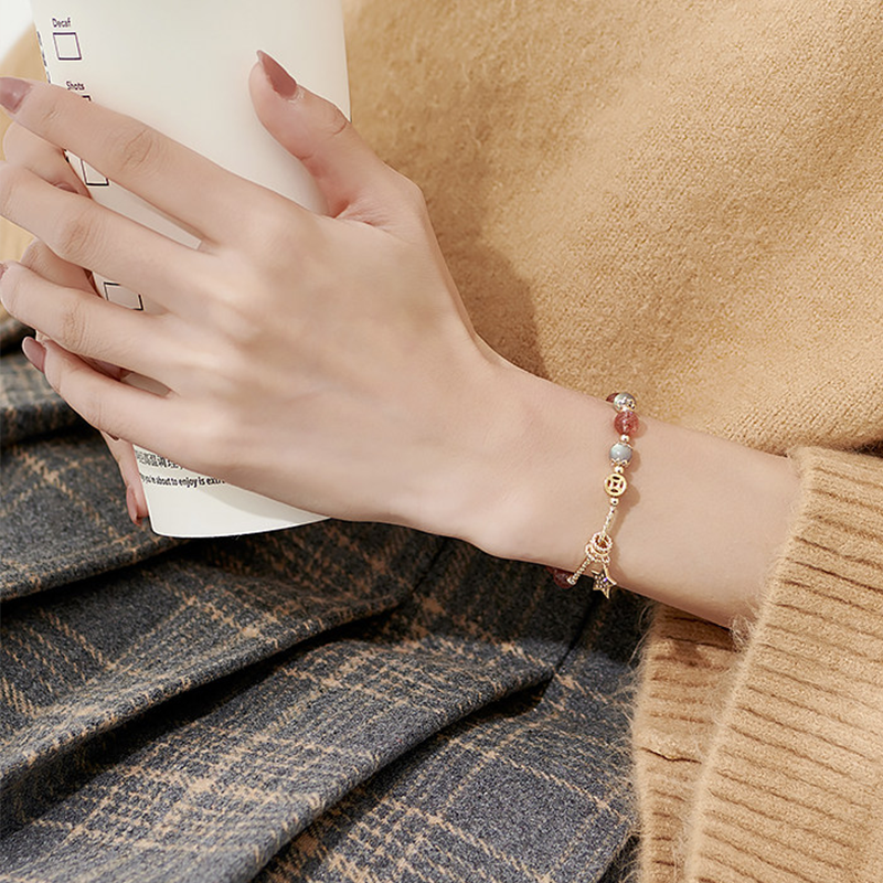 Natural Strawberry Quartz & Moonstone Bracelet with Gold Star Charm | Dainty Crystal Jewelry
