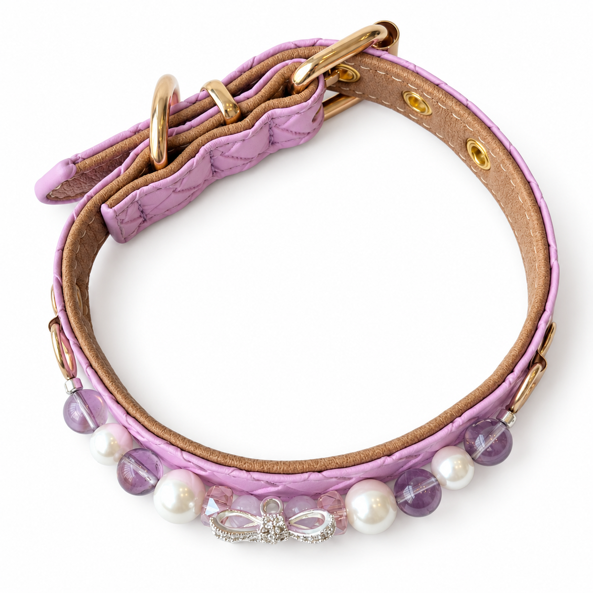 Lilac Bow Beaded Pet Collar — overhead or flat-lay product view