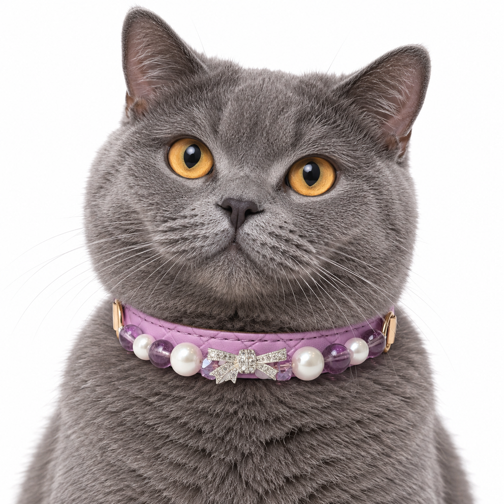Lilac Bow Beaded Pet Collar — AI pet wearing illustration; refer to size guide