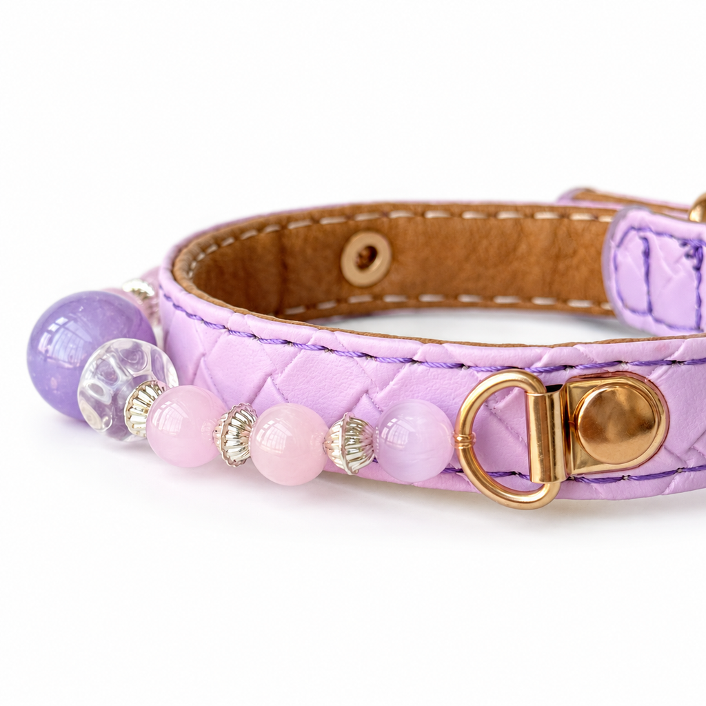 Lilac Clarity Beaded Pet Collar - bead and strap detail
