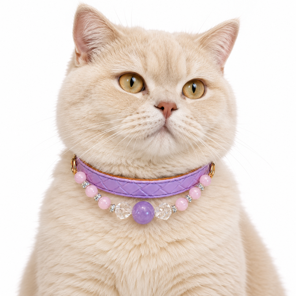 Lilac Clarity Human & Pet Match — cream cat wearing the pet collar, AI styling illustration
