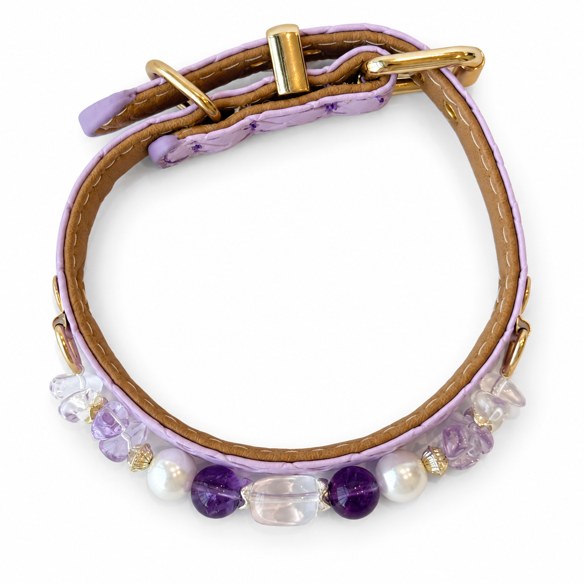 Lilac Pebble Beaded Pet Collar - overhead view