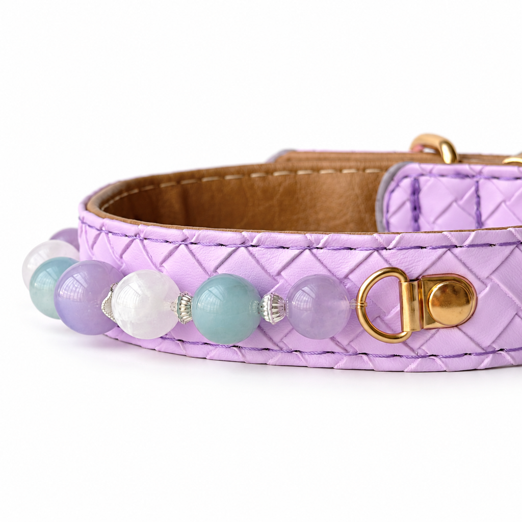 Lilac Sky Beaded Pet Collar - bead and strap detail