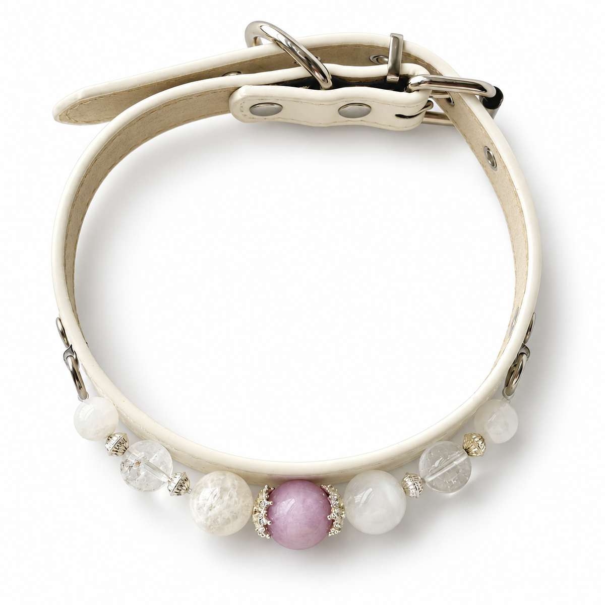 Lilac Snow Beaded Pet Collar - overhead view