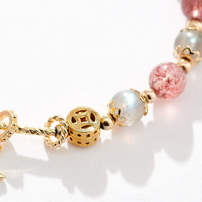 Natural Strawberry Quartz & Moonstone Bracelet with Gold Star Charm | Dainty Crystal Jewelry