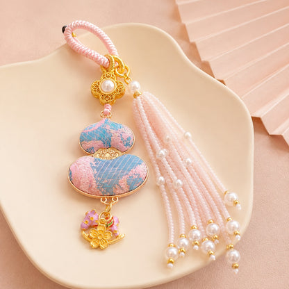 Pink and blue brocade lucky gourd hanging charm with pearl tassel and gold-tone details
