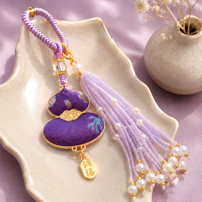 Purple brocade lucky gourd hanging charm with lavender pearl tassel and lucky pendant