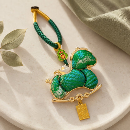 Green lucky pony brocade hanging charm with traditional Chinese lucky elements