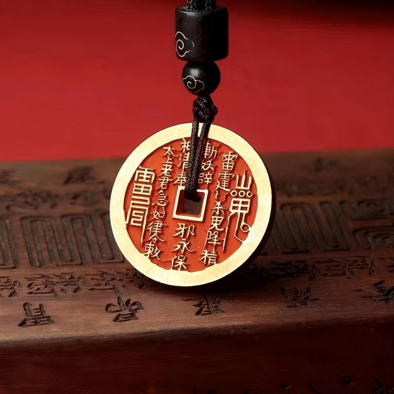 Authentic Taoist Bagua Coin Pendant | Cinnabar Brass Protection Amulet Necklace