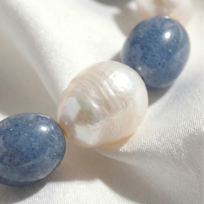 Natural Blue Aventurine & Freshwater Pearl Adjustable Bracelet | Elegant Healing Jewelry