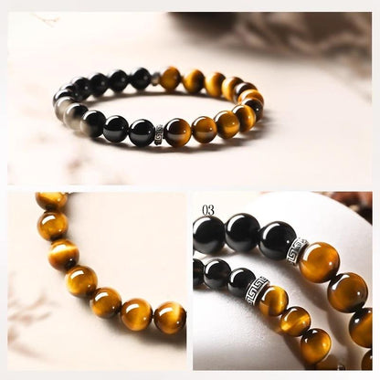 Natural Tiger's Eye & Golden Obsidian Bracelet | Mantra Protection Amulet
