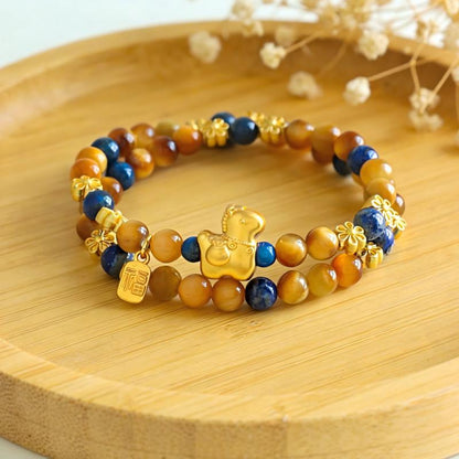 Natural Golden Tiger Eye Double Wrap Bracelet with Fortune Charms | Protection & Wealth Jewelry