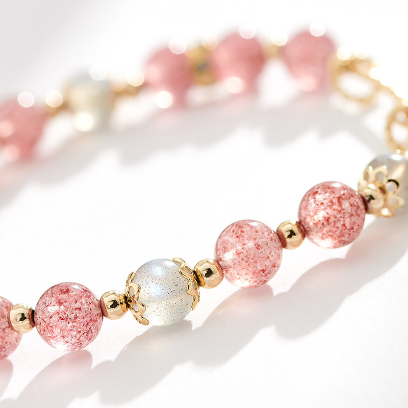Natural Strawberry Quartz & Moonstone Bracelet with Gold Star Charm | Dainty Crystal Jewelry