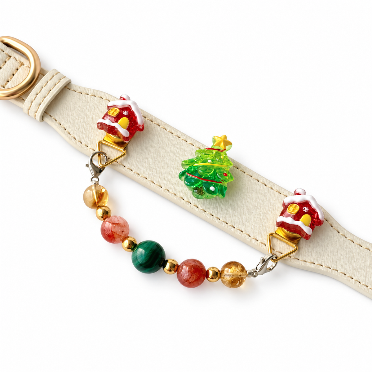 Malachite Christmas Cream Beaded Pet Collar - flat lay view