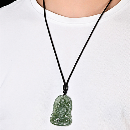 Authentic Hetian Jade Four-Armed Guanyin Pendant | Ice Green Nephrite Amulet