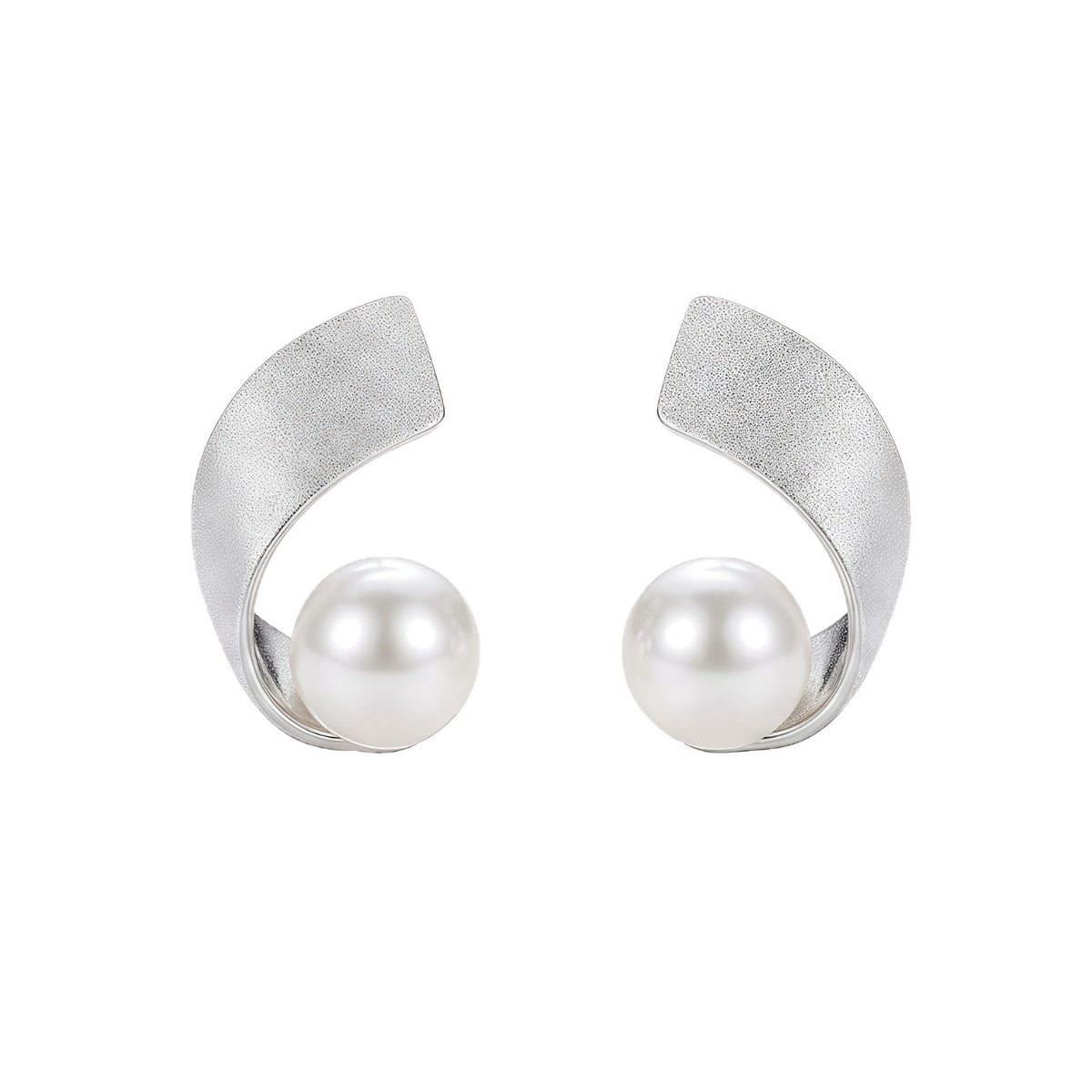 Matte Arc Faux Pearl Stud Earrings - silver tone pair