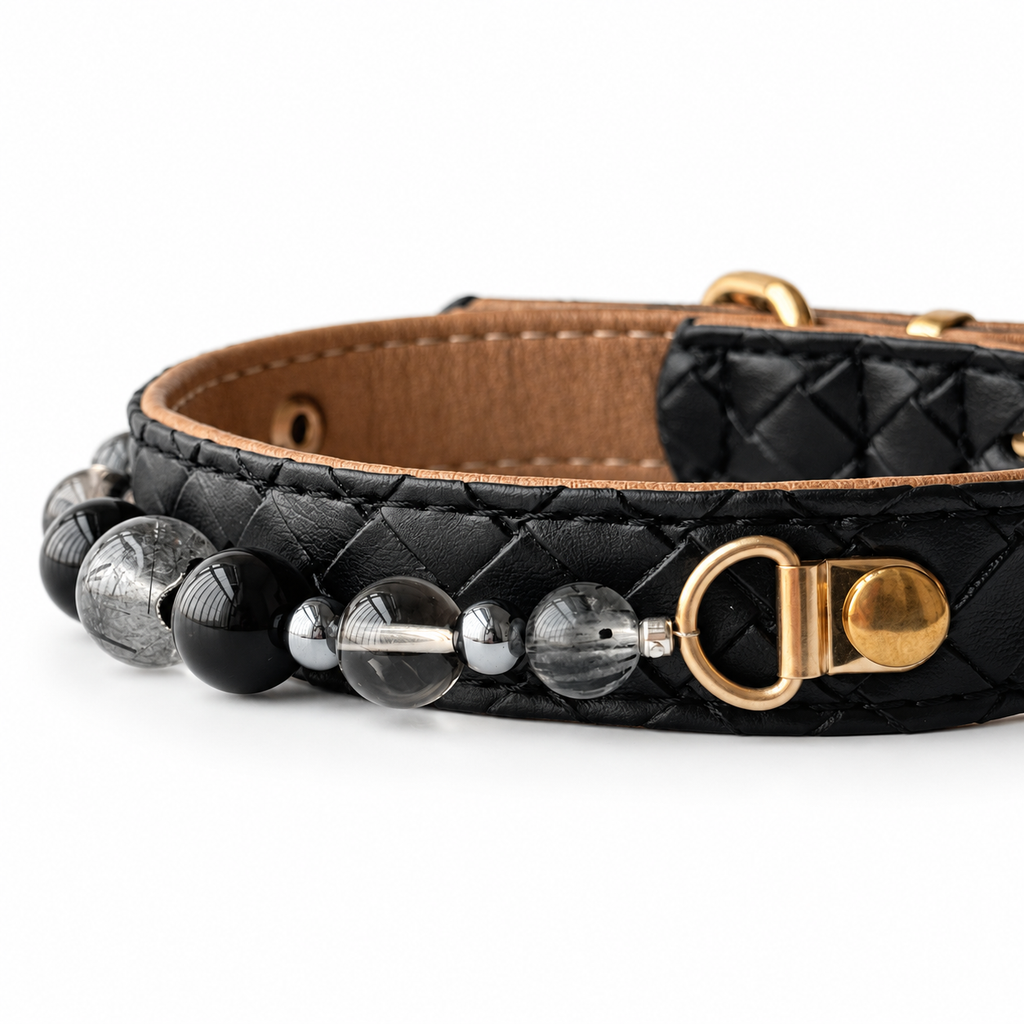 Midnight Quartz Beaded Pet Collar - bead and strap detail