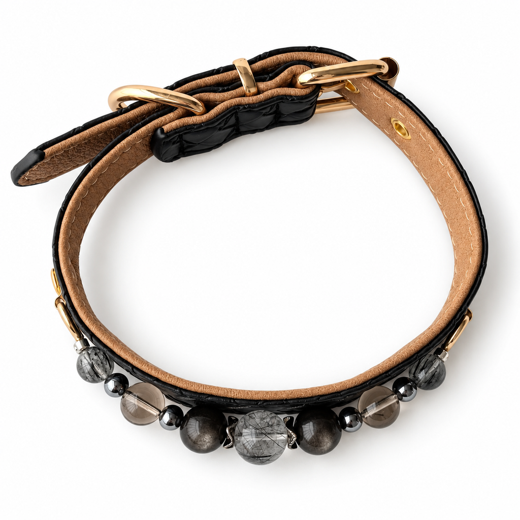 Midnight Quartz Beaded Pet Collar - overhead view