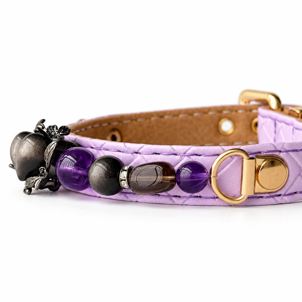 Midnight Violet Beaded Pet Collar - bead and strap detail