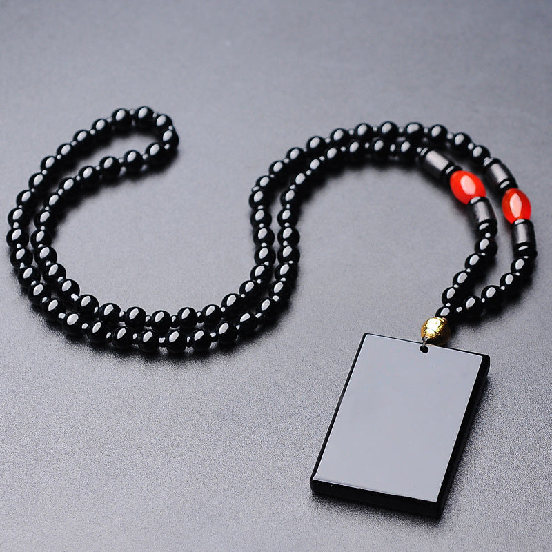 Natural Black Obsidian Minimalist Plaque Pendant | "Wushi Pai" Protection Amulet