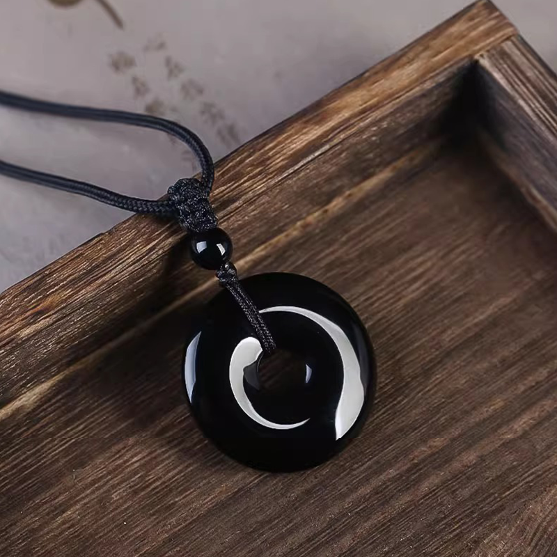 Natural Black Obsidian Donut Pendant Necklace | Ping An Kou Protection Amulet