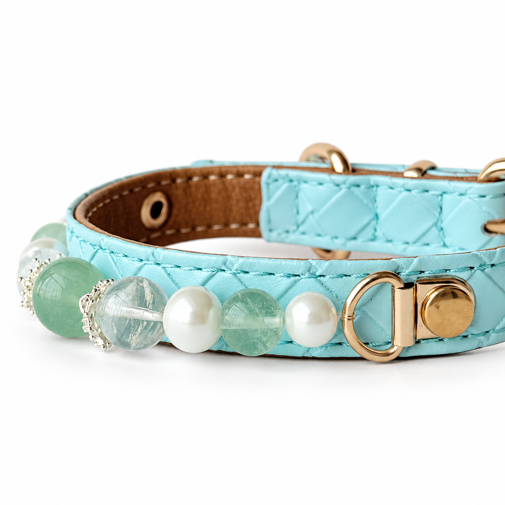 Mint Pearl Beaded Pet Collar - bead and strap detail