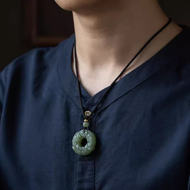 Authentic Hetian Jade Carved Pixiu Donut Pendant | Feng Shui Wealth Amulet