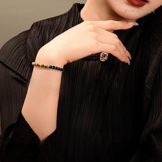 Natural Tiger's Eye & Golden Obsidian Bracelet | Mantra Protection Amulet