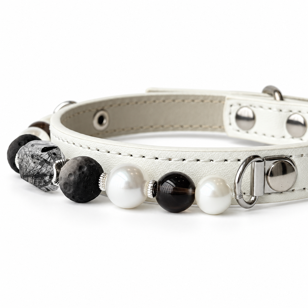 Monochrome Moon Beaded Pet Collar - bead and strap detail