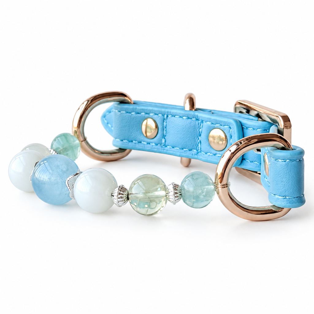 Moonlit Aqua Beaded Pet Collar - bead and strap detail