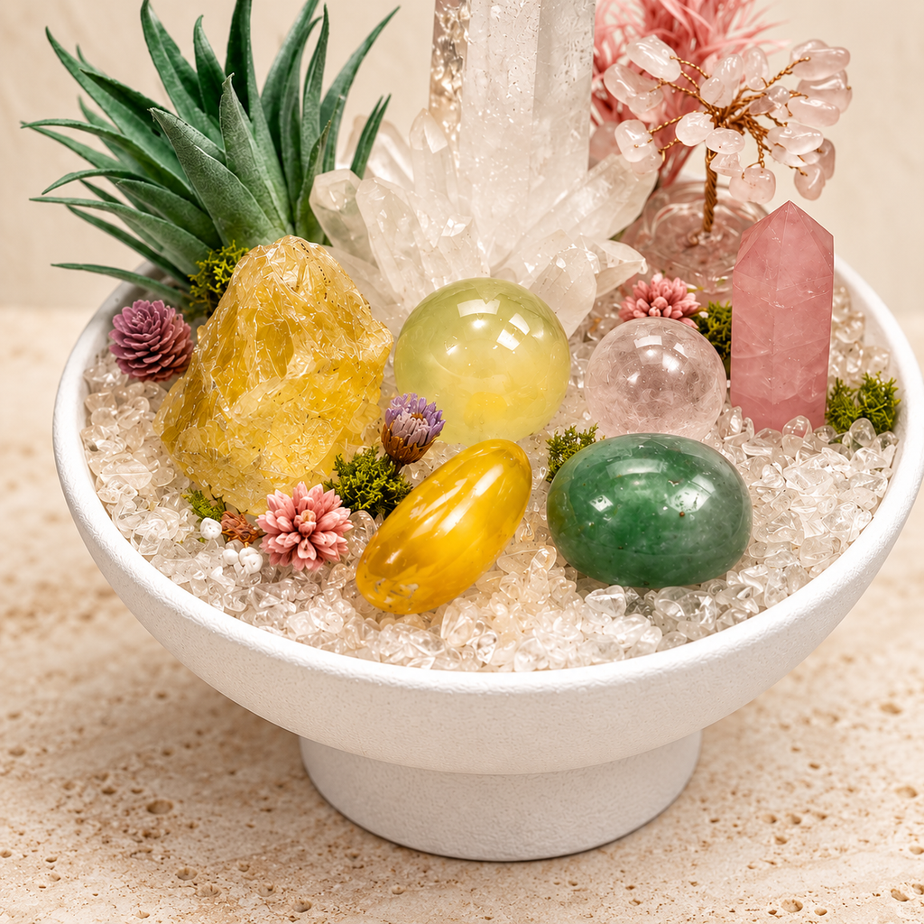 Morning Harmony Crystal Garden — foreground stones and bowl detail