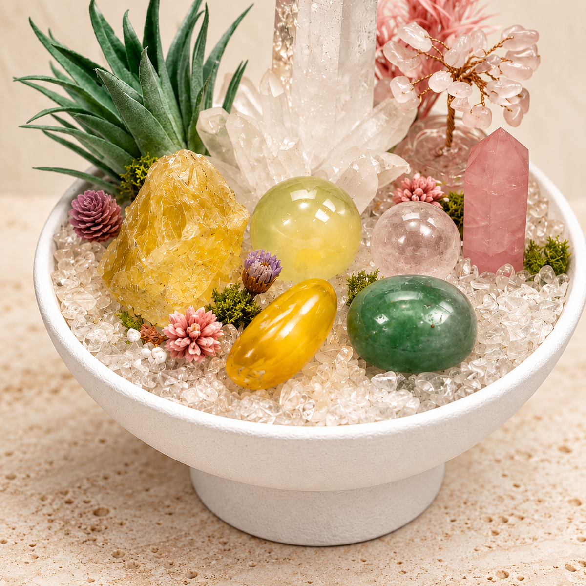 Morning Harmony Crystal Garden — foreground stones and bowl detail