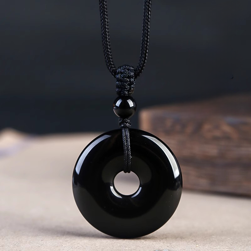 Natural Black Obsidian Donut Pendant Necklace | Ping An Kou Protection Amulet