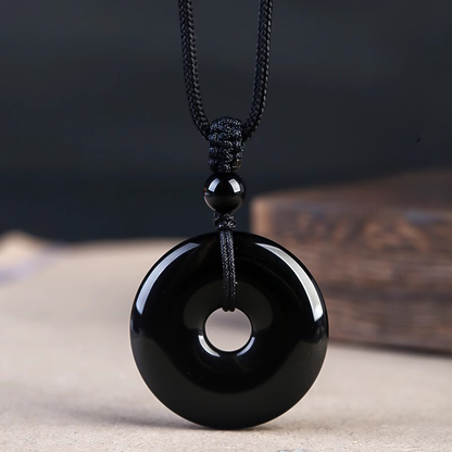 Natural Black Obsidian Donut Pendant Necklace | Ping An Kou Protection Amulet