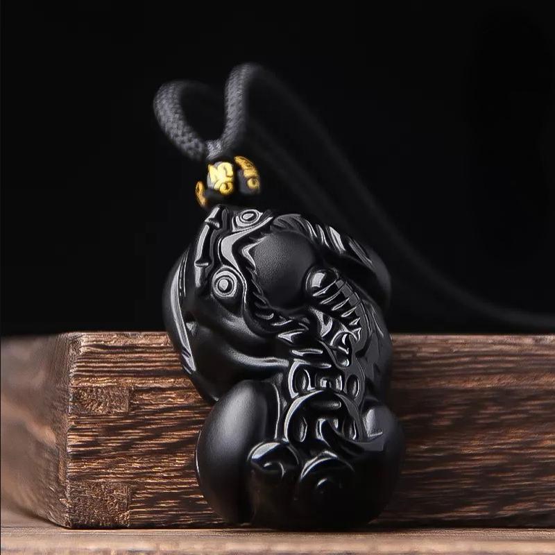 Natural Black Obsidian Pixiu Pendant | Feng Shui Wealth & Protection Amulet