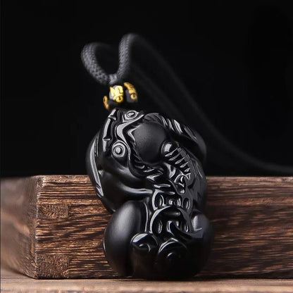 Natural Black Obsidian Pixiu Pendant | Feng Shui Wealth & Protection Amulet