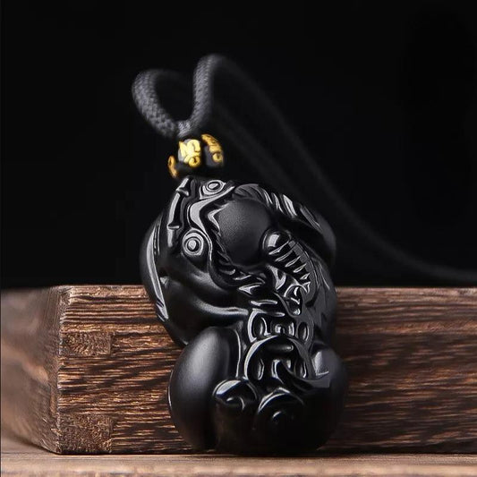 Natural Black Obsidian Pixiu Pendant | Feng Shui Wealth & Protection Amulet
