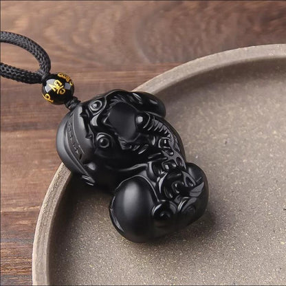 Natural Black Obsidian Pixiu Pendant | Feng Shui Wealth & Protection Amulet