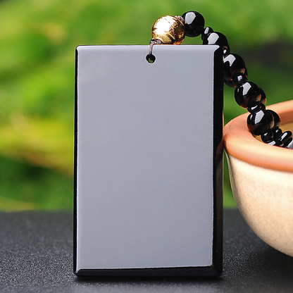 Natural Black Obsidian Minimalist Plaque Pendant | "Wushi Pai" Protection Amulet