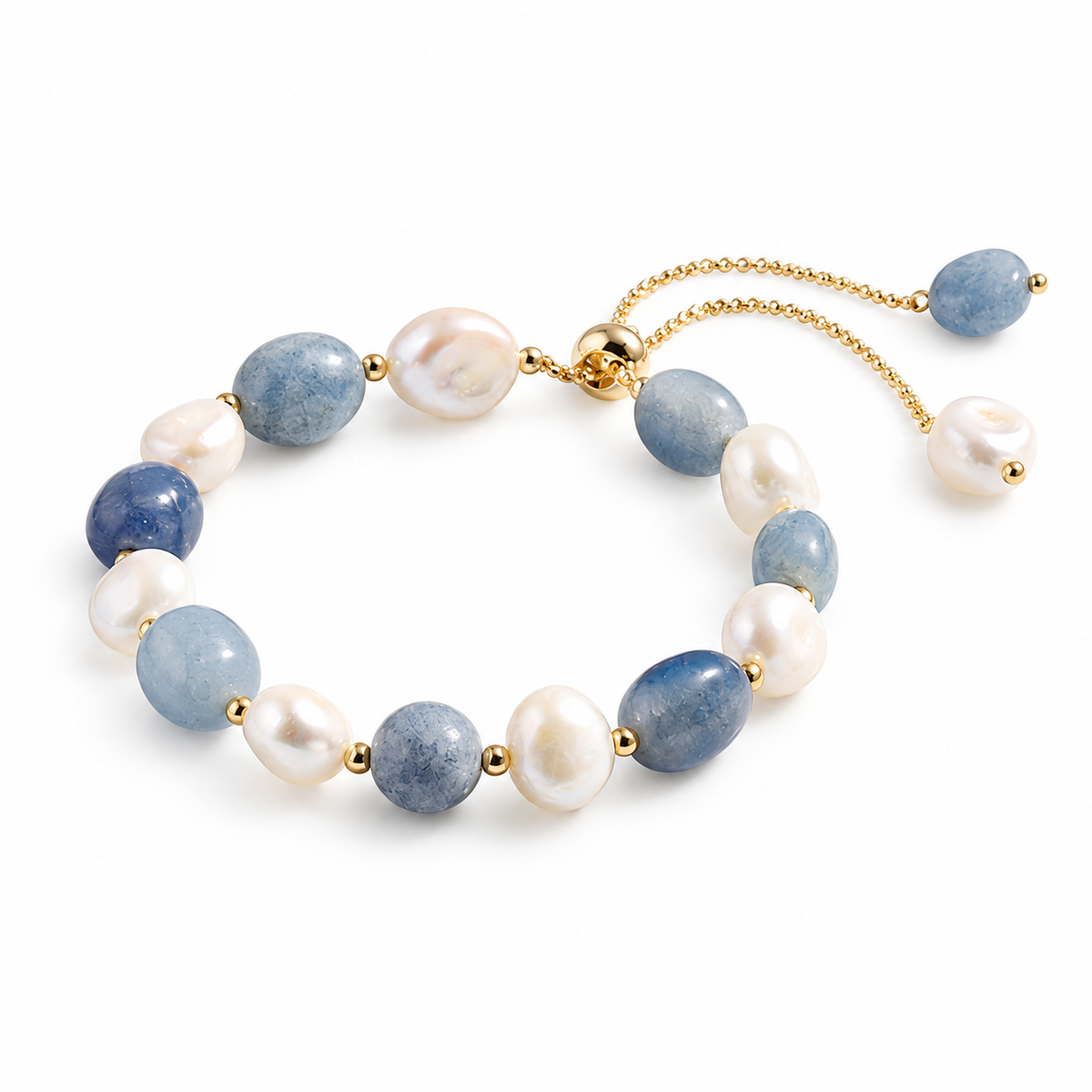 Blue Aventurine and Freshwater Pearl Adjustable Bracelet — angled view