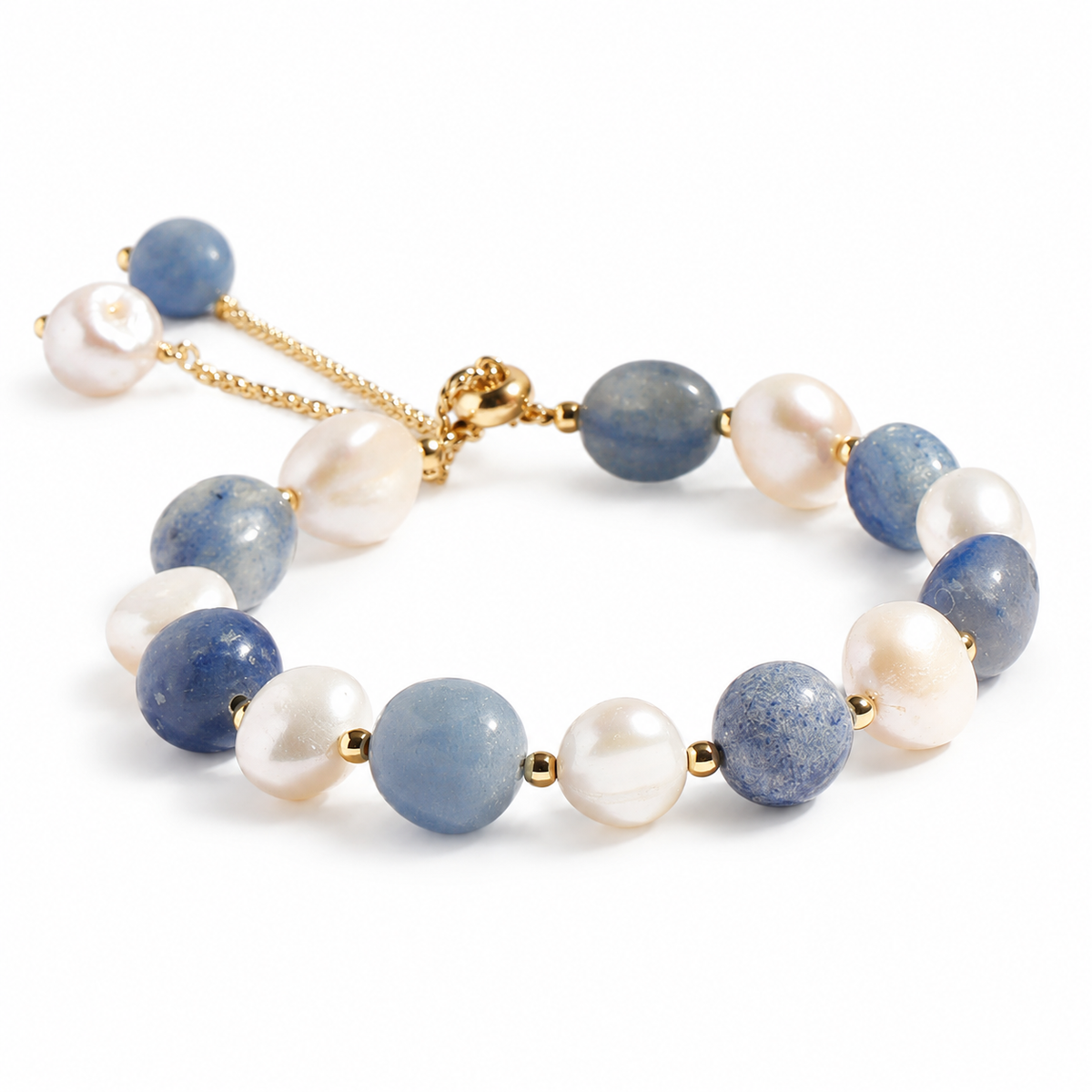 Blue Aventurine and Freshwater Pearl Adjustable Bracelet — low-angle view