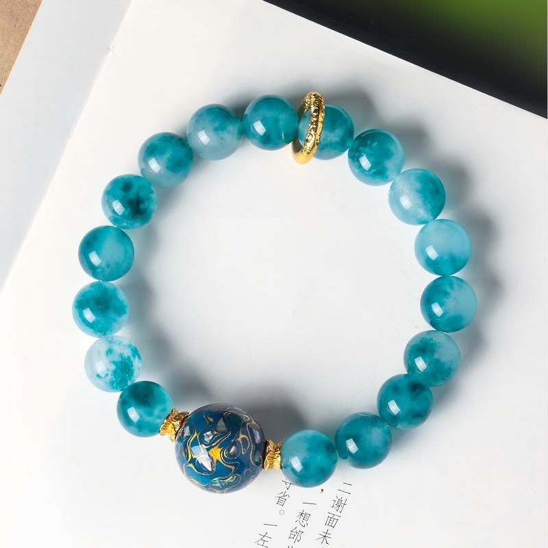 Natural Blue Chalcedony Beaded Bracelet with Handmade Lacquer Bead | Vintage Artistic Jewelry