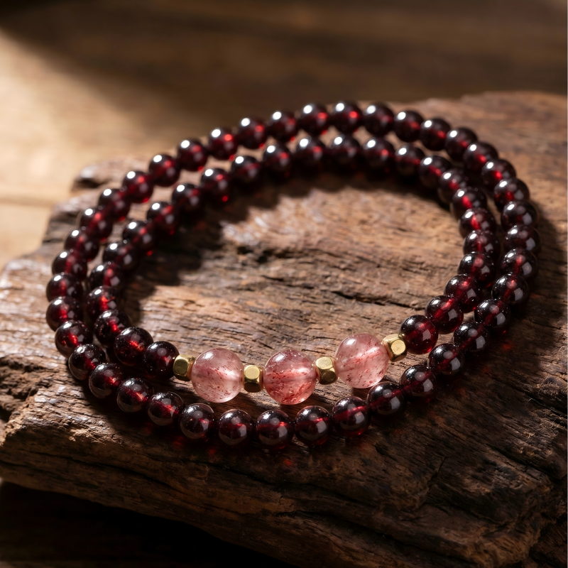 Natural Wine Red Garnet Double Wrap Bracelet with Pink Quartz | Dainty Crystal Jewelry
