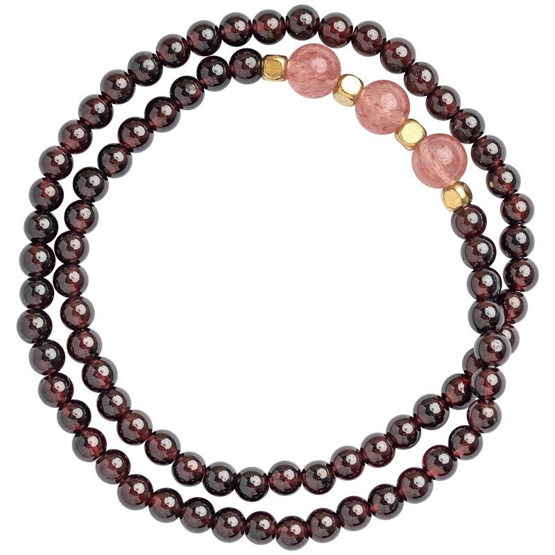 Natural Wine Red Garnet Double Wrap Bracelet with Pink Quartz | Dainty Crystal Jewelry